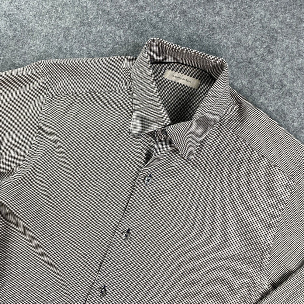 Ermenegildo Zegna Mens Button Down Shirt M Brown, Navy, Cream Houndstooth Cotton